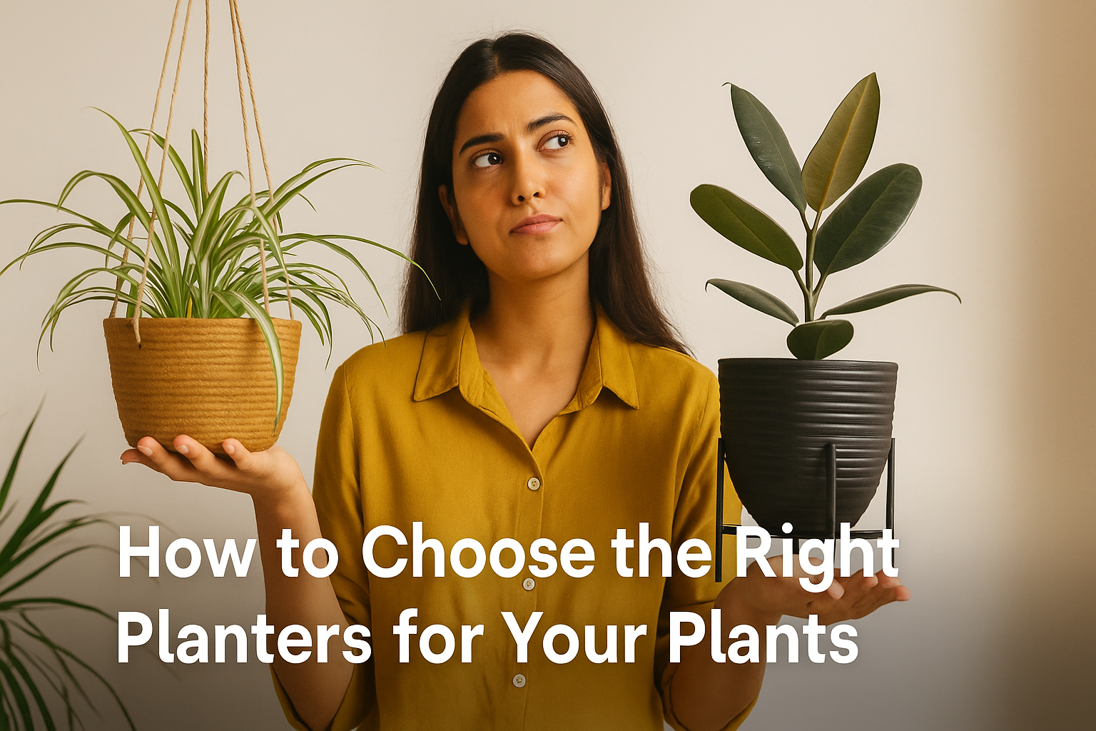 An Indian woman compares a hanging spider plant and a rubber plant in a standing pot, helping visualize how to choose the right planter for different plant types.